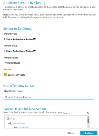 Clone Dialog for a Sensor Clone Dialog for a Sensor